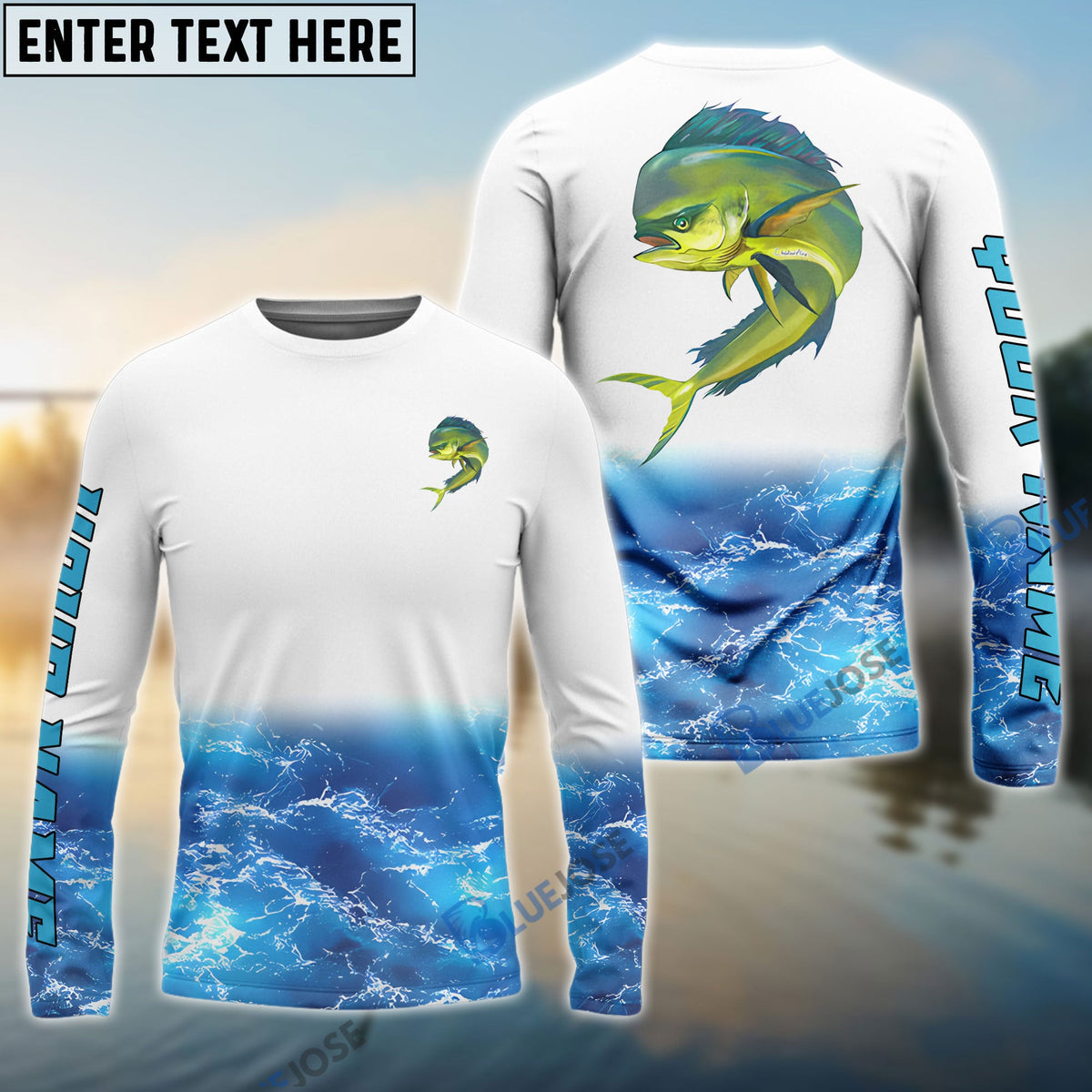 BlueJose Mahi Mahi Fishing Jerseys, Personalized Dorado Blue Sea Wave Camo Long Sleeve, Long Sleeve