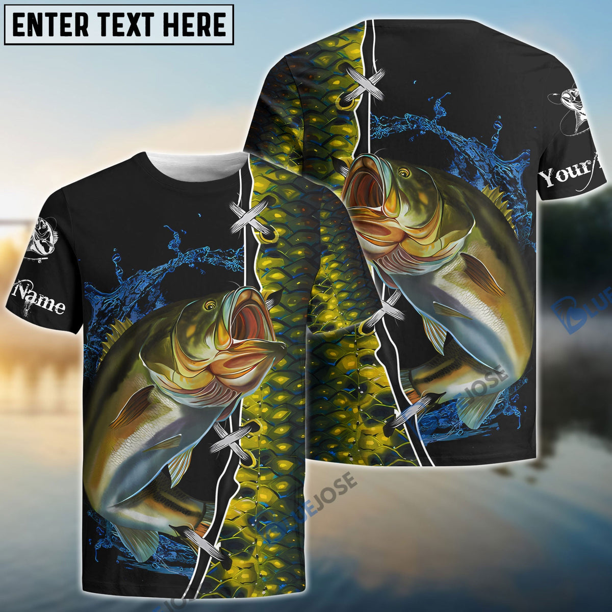 BlueJose Largemouth Bass Fishing Green Bass Scales Custom Name Bass Fishing Long Sleeve, Long Sleeve Hooded
