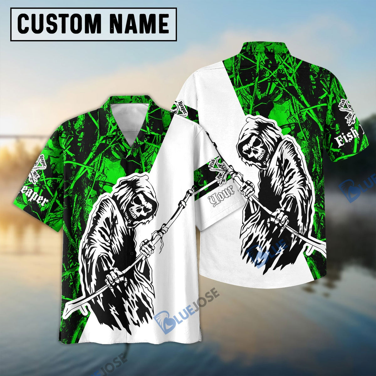 BlueJose Halloween Fish Reaper Green Camo Custom Name 3D Shirt