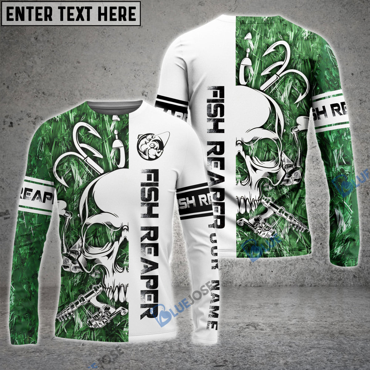 BlueJose Halloween Fish Reaper Fishing Green Camo Custom Name Long Sleeve Shirt
