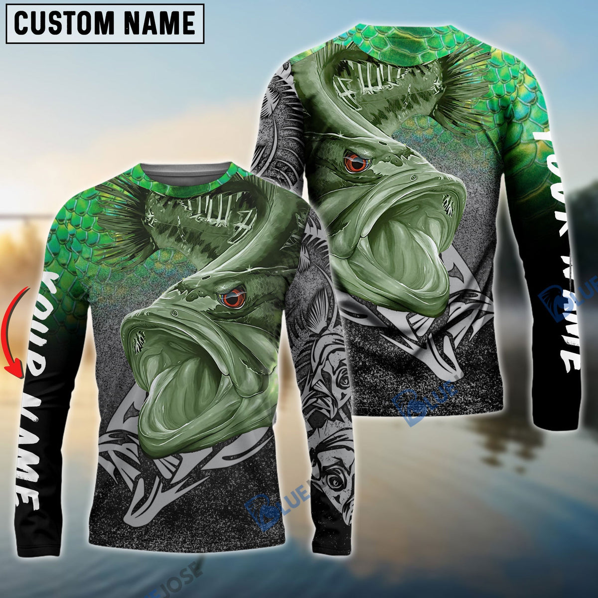 BlueJose Largemouth Bass Reaper Fish Skeleton Custom Name Fishing Shirt For Kids