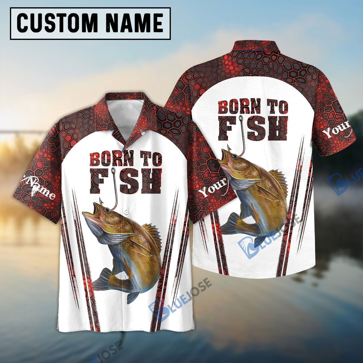 BlueJose "Born To Fish" Walleye Fishing Red Camo Custom Name 3D Shirt