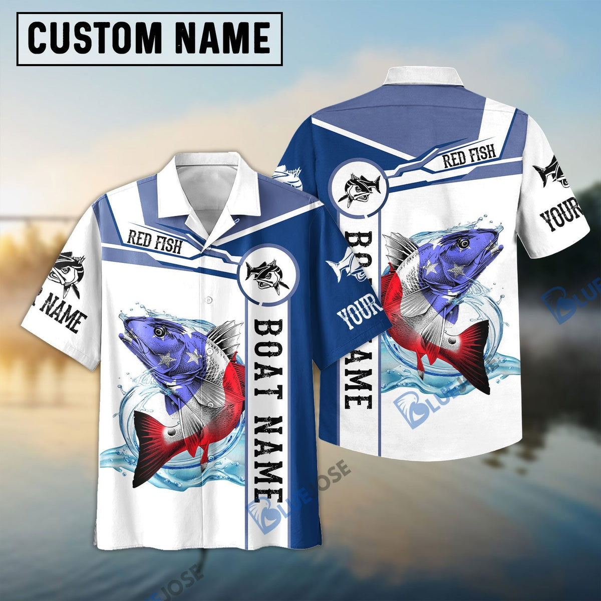 BlueJose Redfish Fishing Blue Camo American Flag Custom Name & Boat Name 3D Shirt
