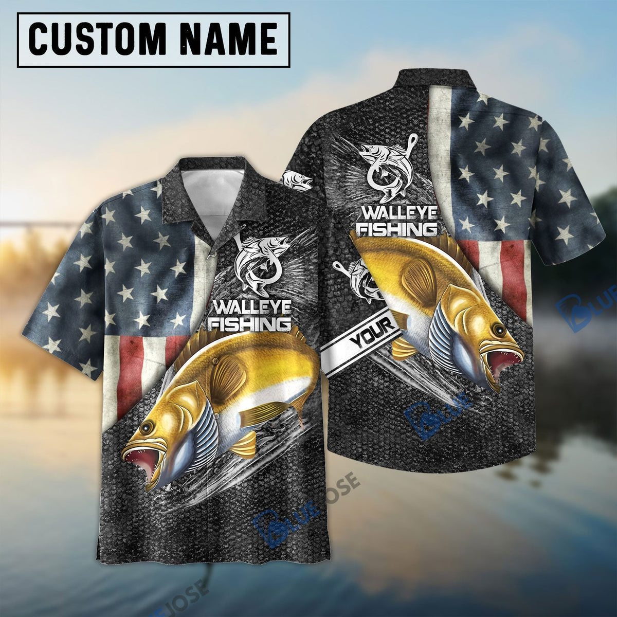 BlueJose Walleye Fishing American Flag Patriotic Custome Name 3D Shirt