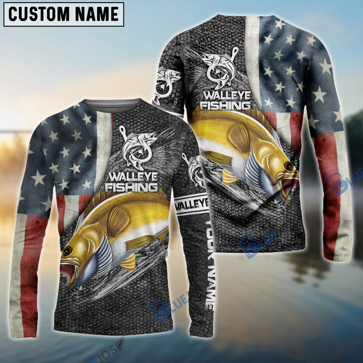 BlueJose Walleye Fishing American Flag Patriotic Custome Name 3D Shirts