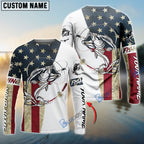 BlueJose Personalized Bass Fishing American Flag Long Sleeve Fishing Shirts, Patriotic Fishing Gifts