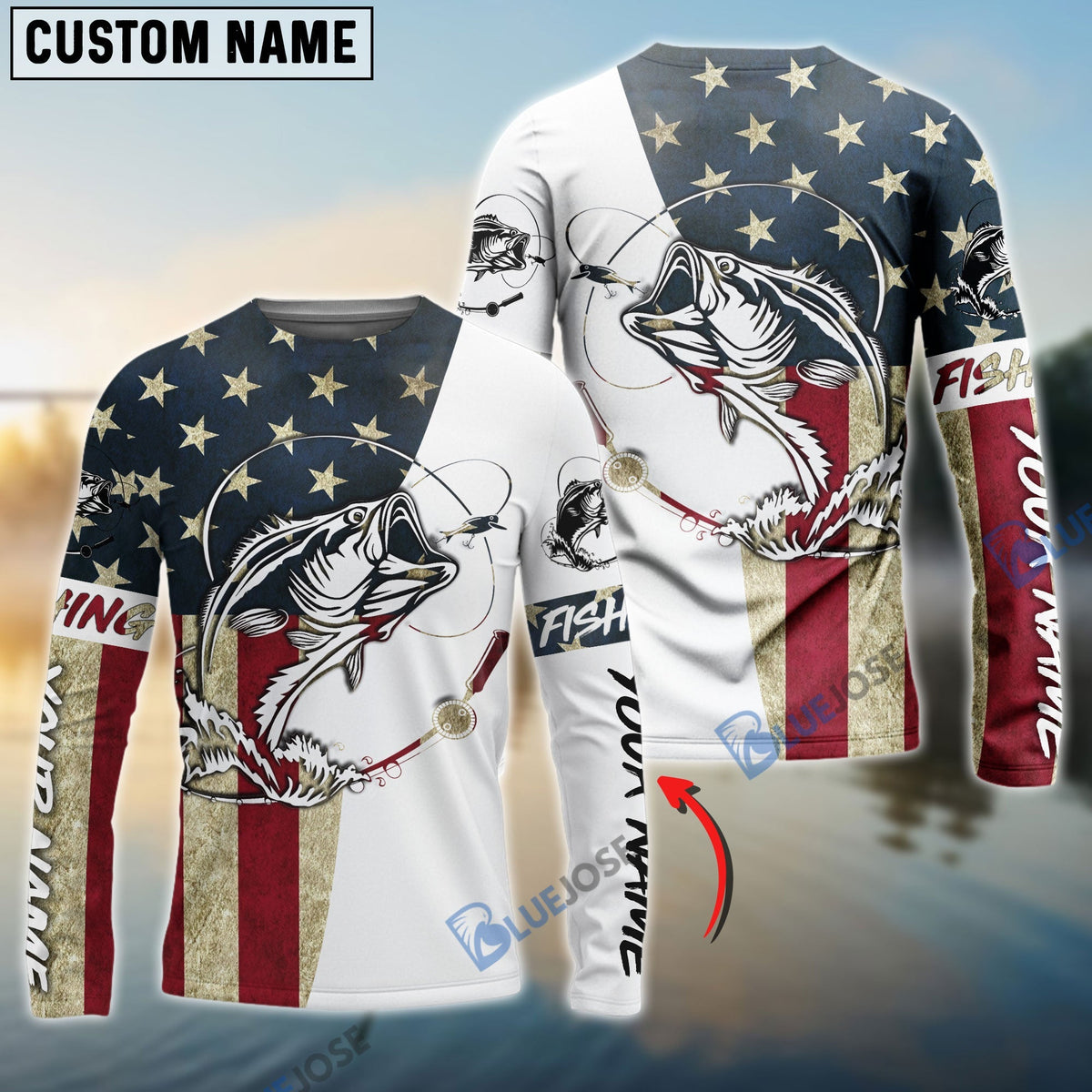BlueJose Personalized Bass Fishing American Flag Long Sleeve Fishing Shirts, Patriotic Fishing Gifts