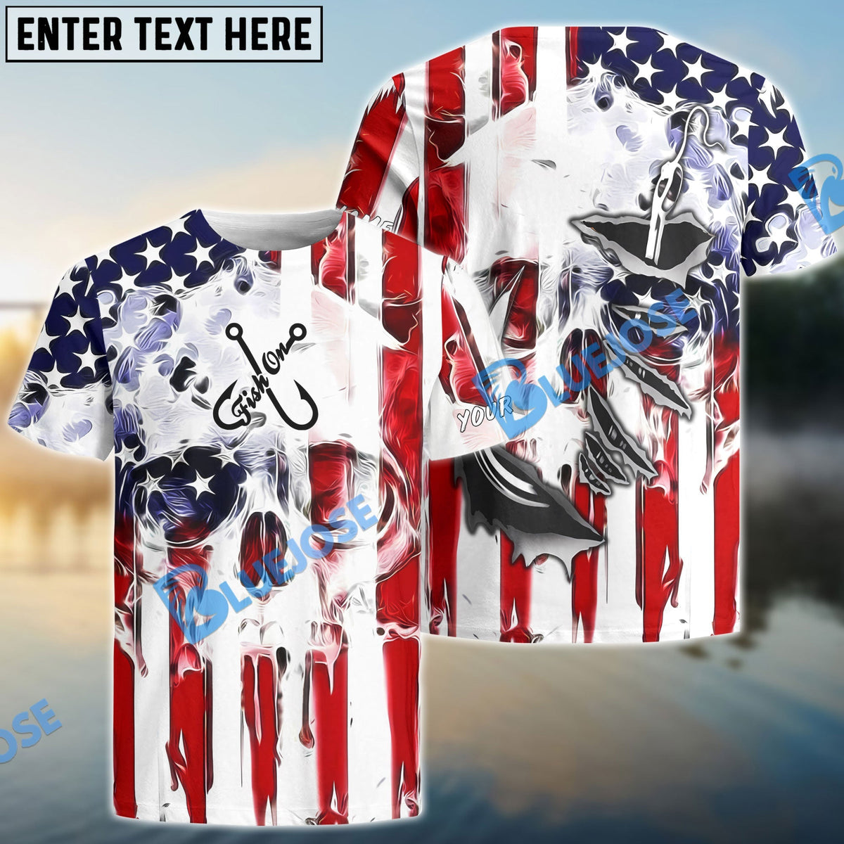 BlueJose American Flag Skull Fish Hook Long Sleeve Fishing Shirts, Personalized Patriotic Fishing Gifts