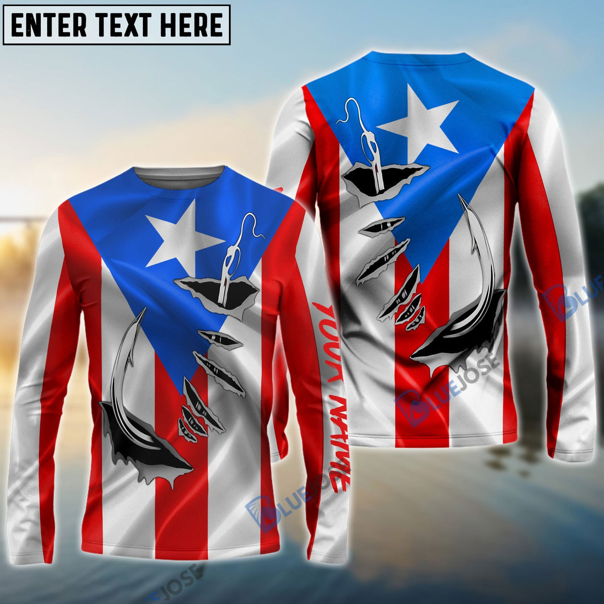 BlueJose Puerto Rico Fishing 3D Fish Hook Flag   Quick Dry Custom Name Long Sleeves Shirts  Personalized Patriotic Fishing Gifts