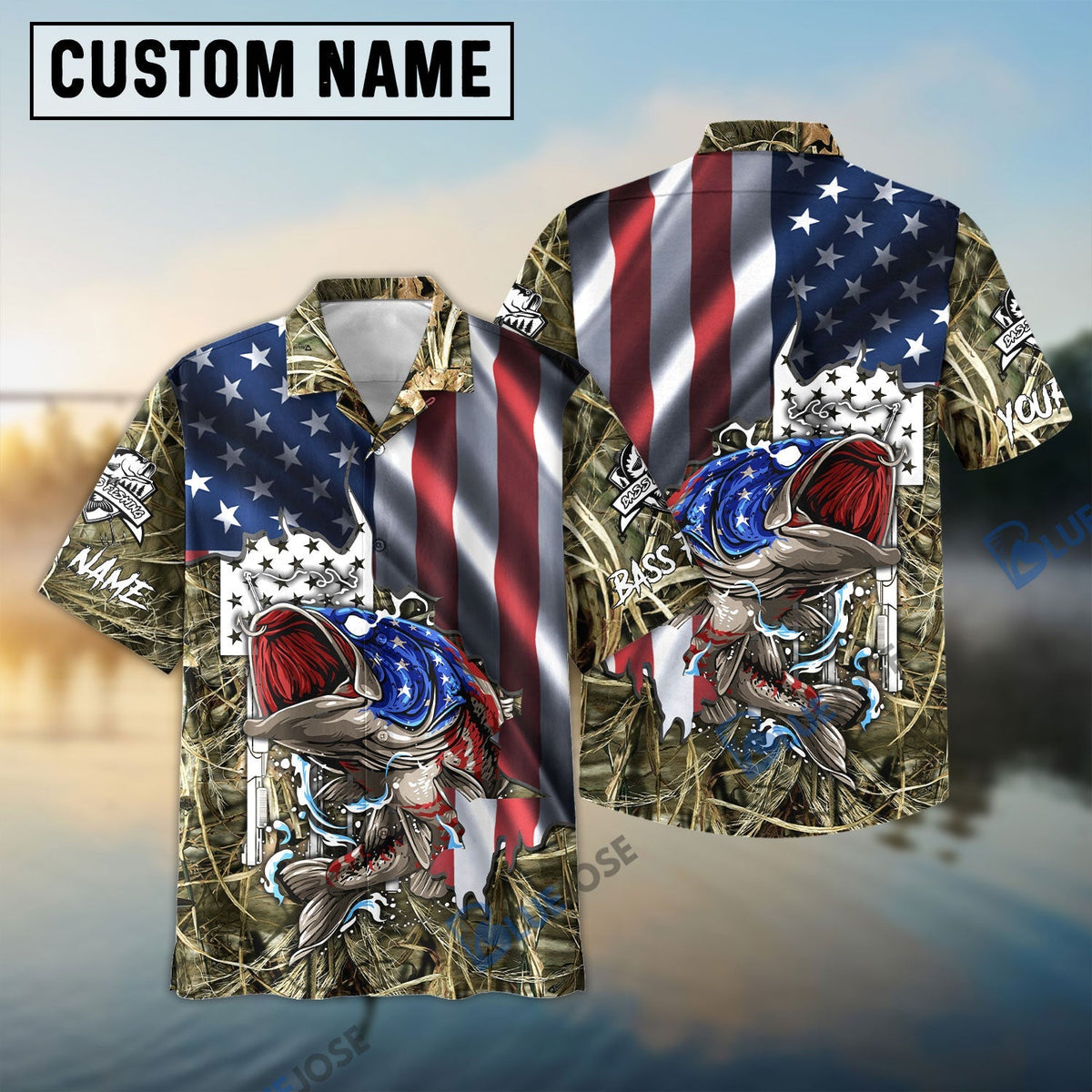 BlueJose American Flag Patriotic Largemouth Bass Camo Fishing Custom Name 3D Shirt