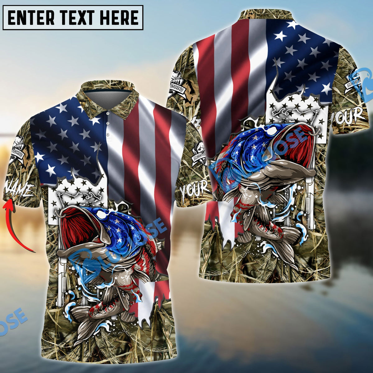 BlueJose American Flag Patriotic Largemouth Bass Camo Fishing Custom Name 3D Shirts
