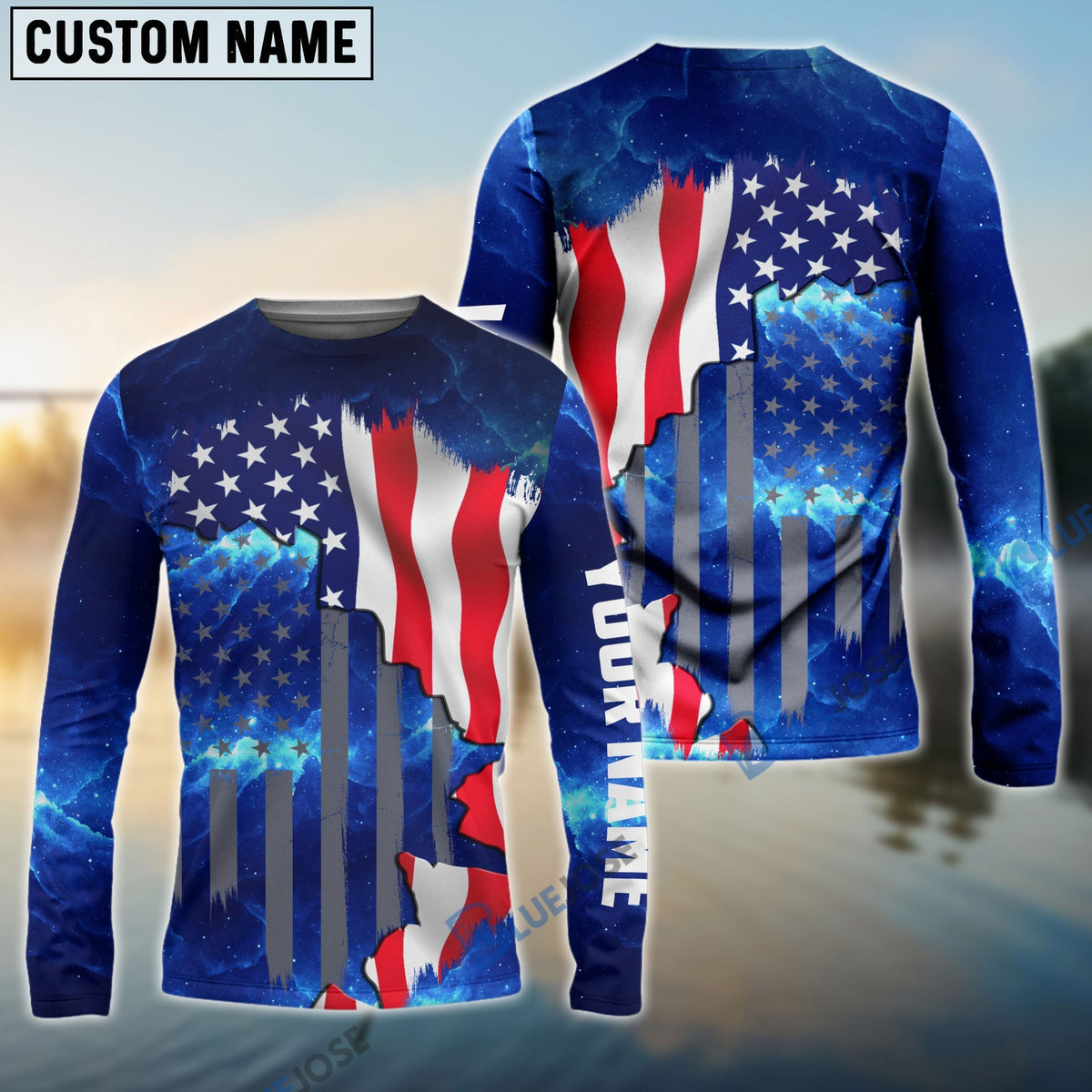 BlueJose American Flag Universe Patriotic Custom Name All Over Print Shirts - Personalized Fishing Gift