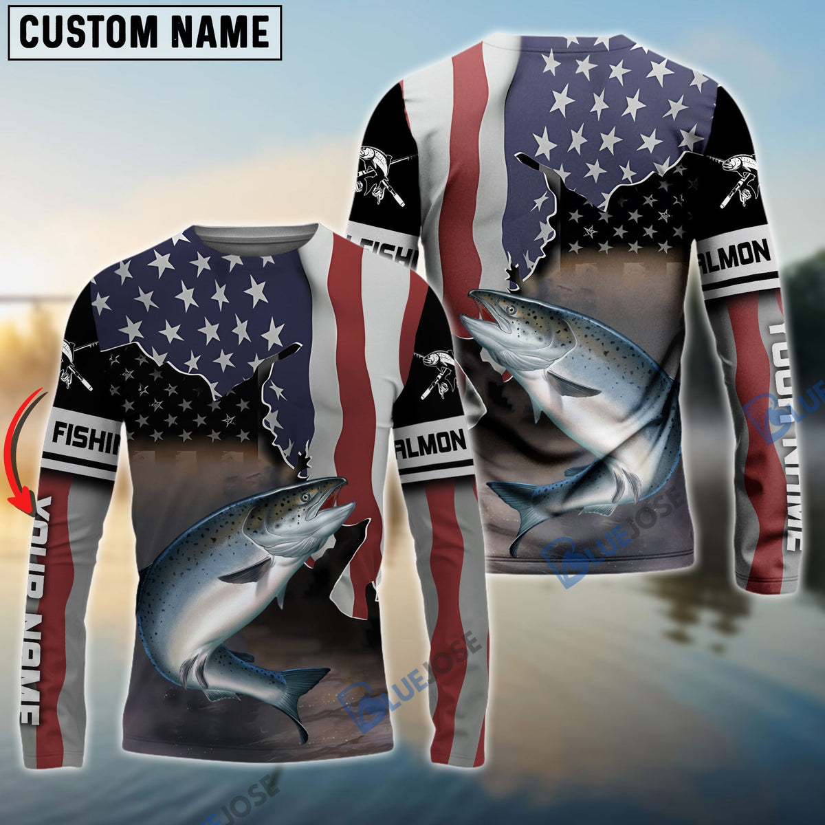 BlueJose Salmon Fishing American Flag Fishing Long Sleeves