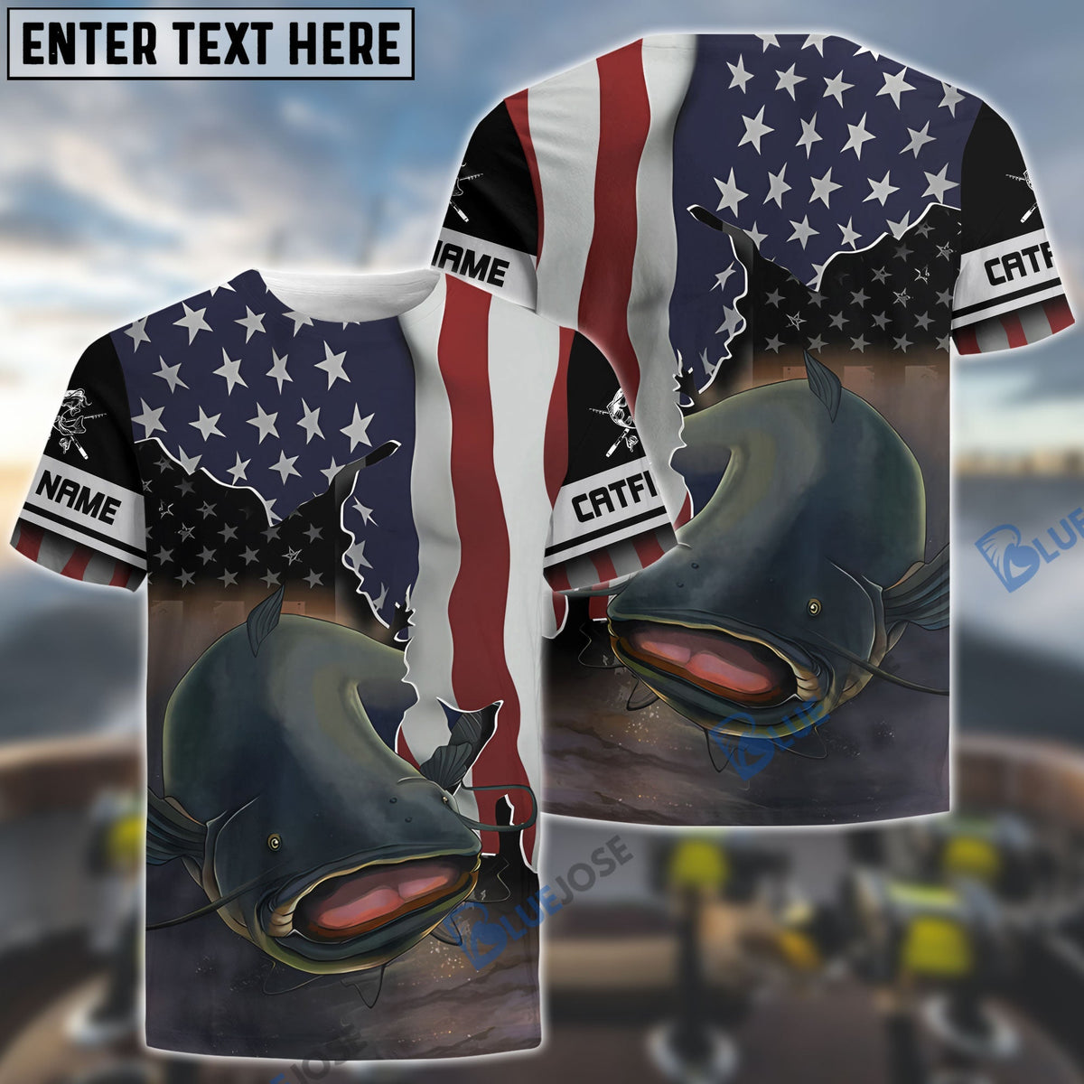 BlueJose Flathead Catfish Fishing American Flag Personalized Long Sleeve Performance Fishing Tournament Shirts