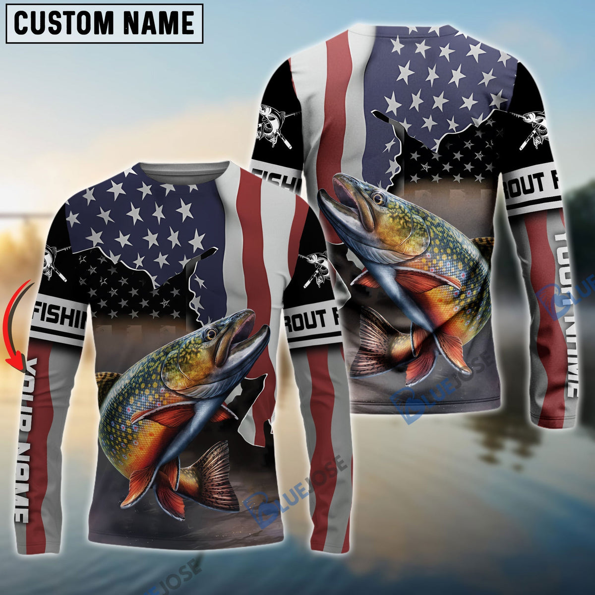 BlueJose Trout Fishing American Flag Fishing Long Sleeves