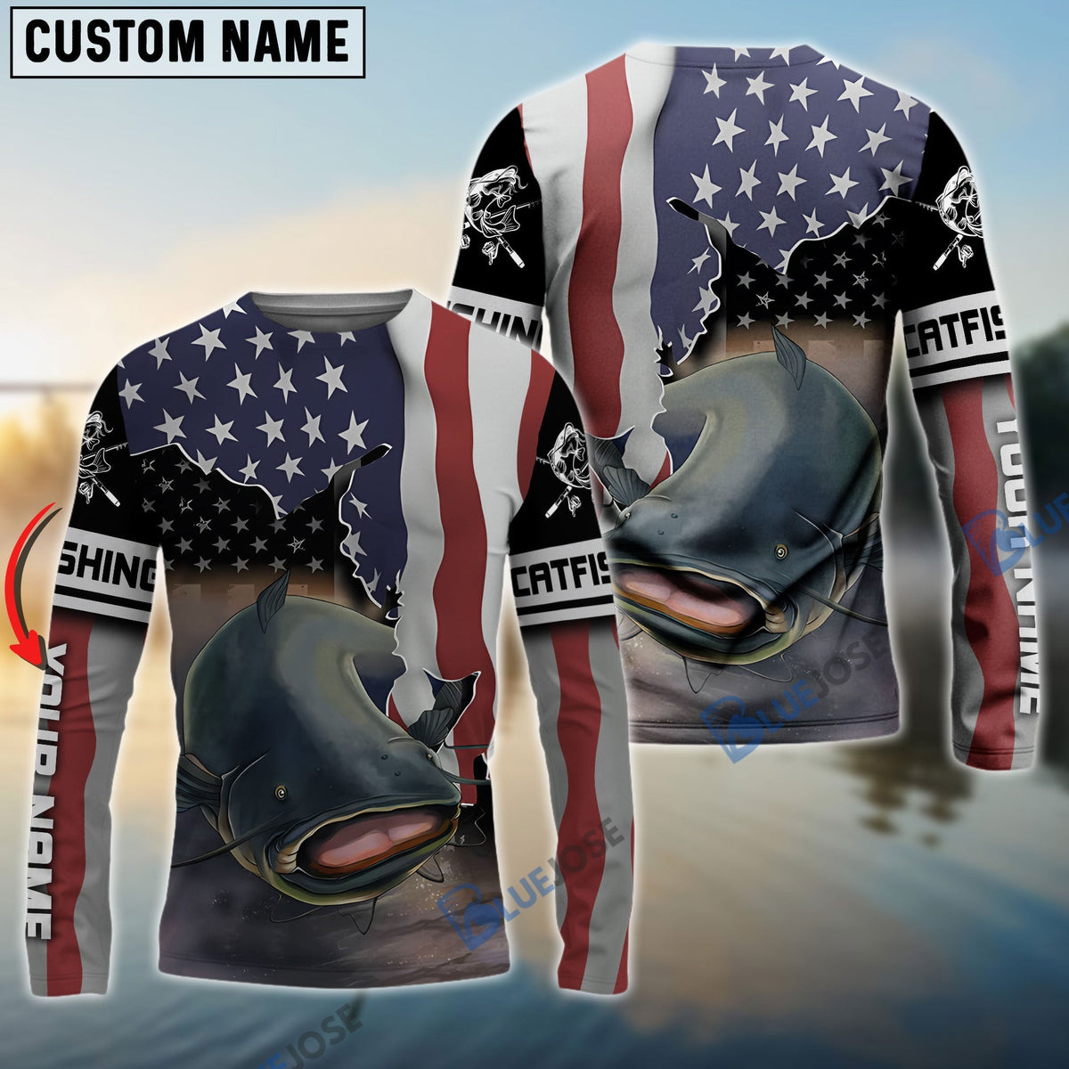 BlueJose Flathead Catfish Fishing American Flag Personalized Long Sleeve Performance Fishing Tournament Shirts