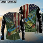 BlueJose Largemouth Bass Fishing 3D American Flag Patriotic Customize Name Fishing Shirts