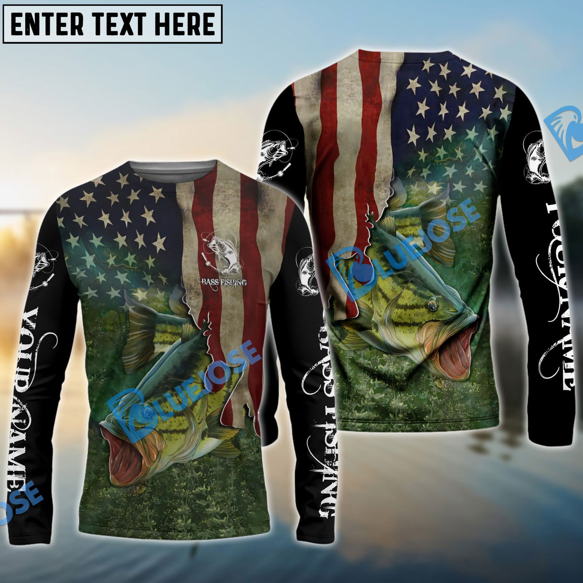 BlueJose Largemouth Bass Fishing 3D American Flag Patriotic Customize Name Fishing Shirts