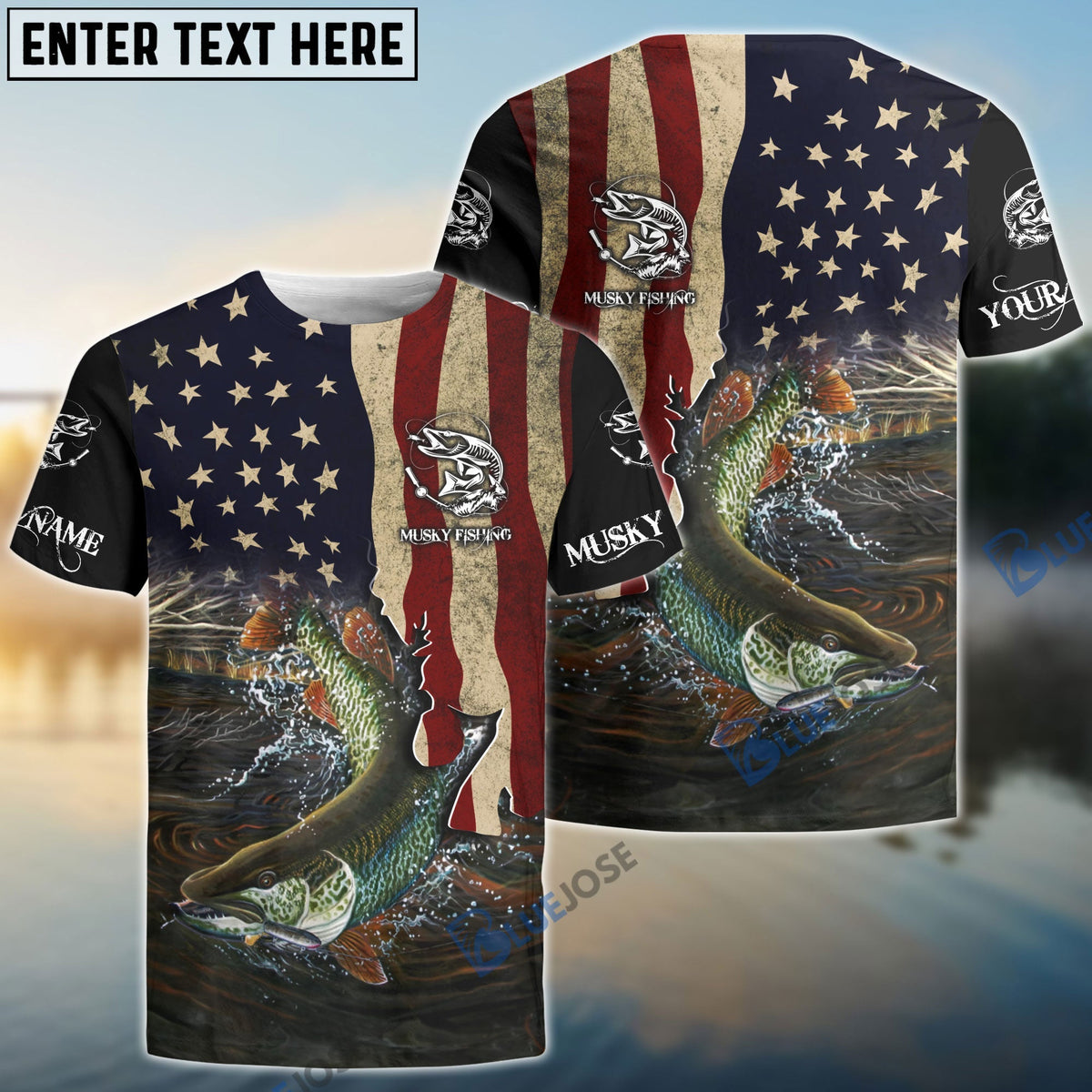 BlueJose Musky Fishing 3D American Flag Patriotic Customize Name 3D Shirts