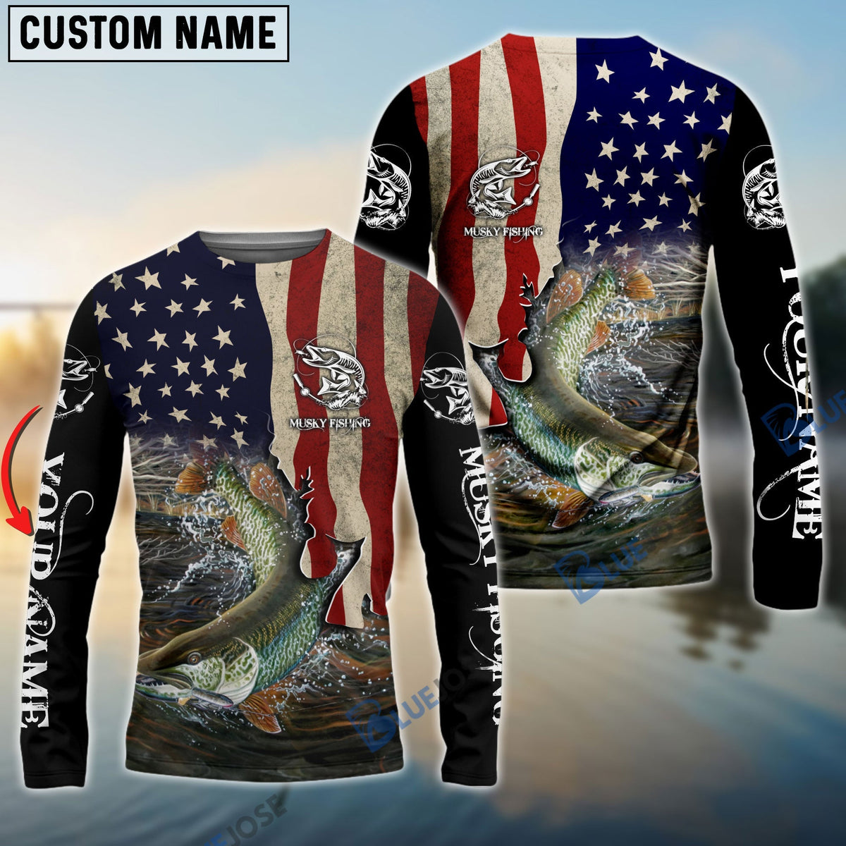 BlueJose Musky Fishing 3D American Flag Patriotic Customize Name 3D Shirts