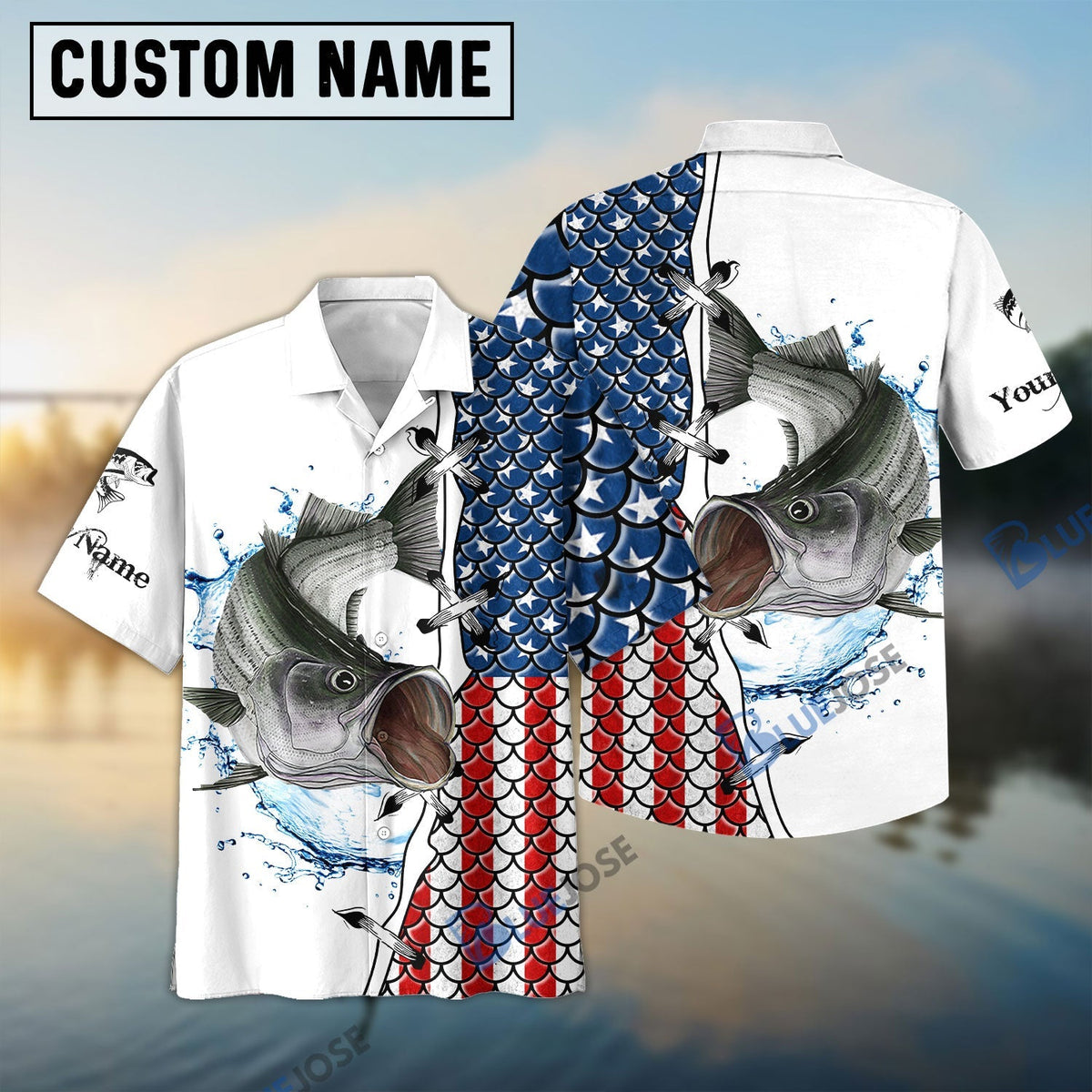 BlueJose Striper Striped Bass Fishing American Flag Patriotic Personalized Name 3D Shirt