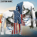 BlueJose Striper Striped Bass Fishing American Flag Patriotic Personalized Name 3D Shirts