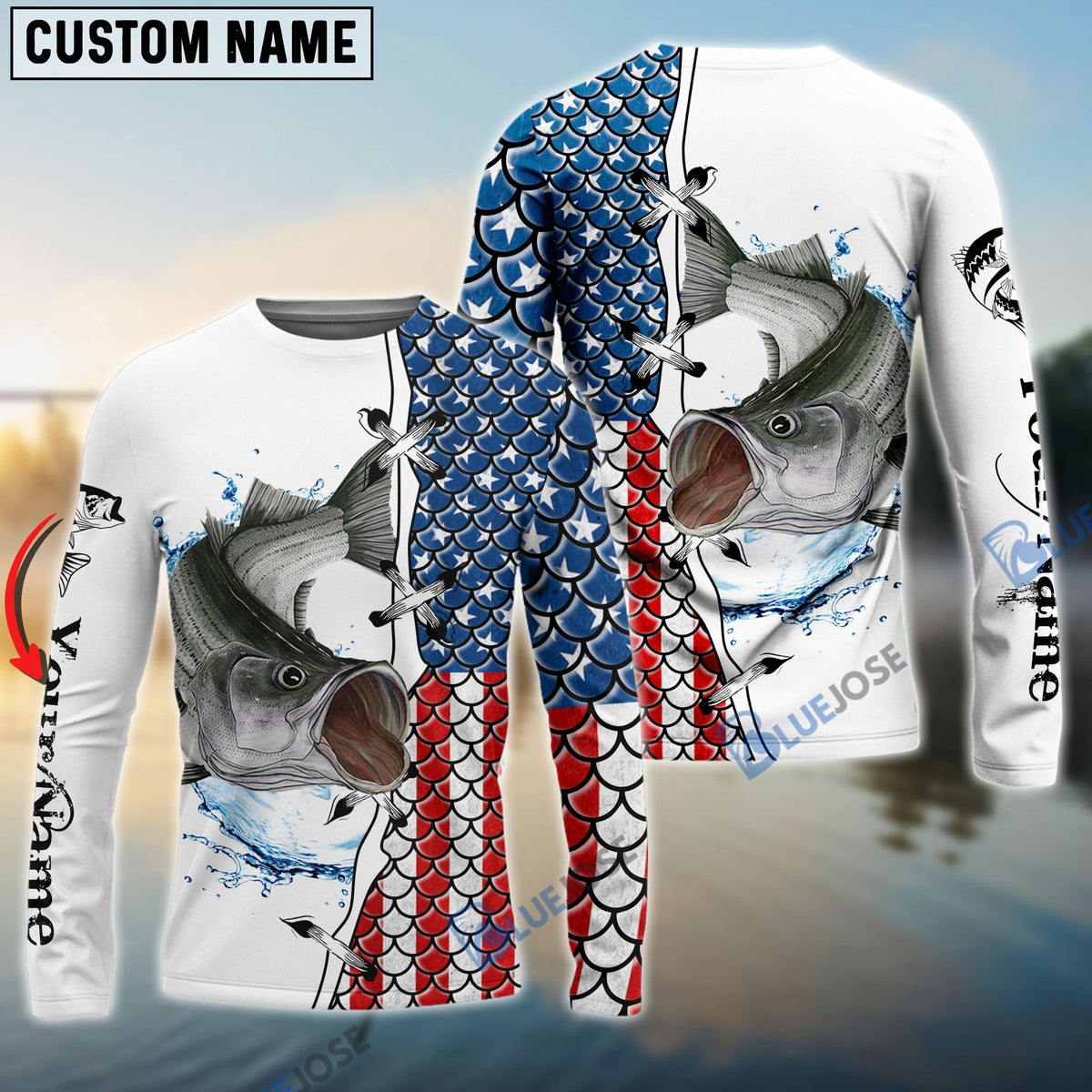 BlueJose Striper Striped Bass Fishing American Flag Patriotic Personalized Name 3D Shirts