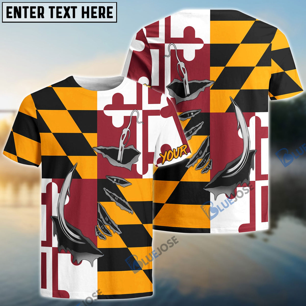 BlueJose Maryland Flag 3D Fish Hook   Custom Long Sleeve Performance Fishing Shirts