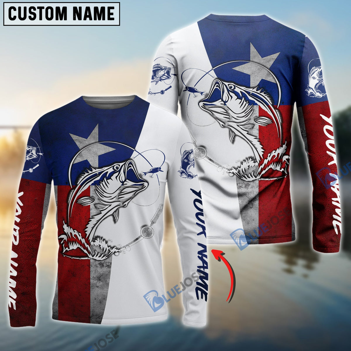 BlueJose Texas Bass Fishing Texas Flag Custom Long Sleeve Fishing Shirts