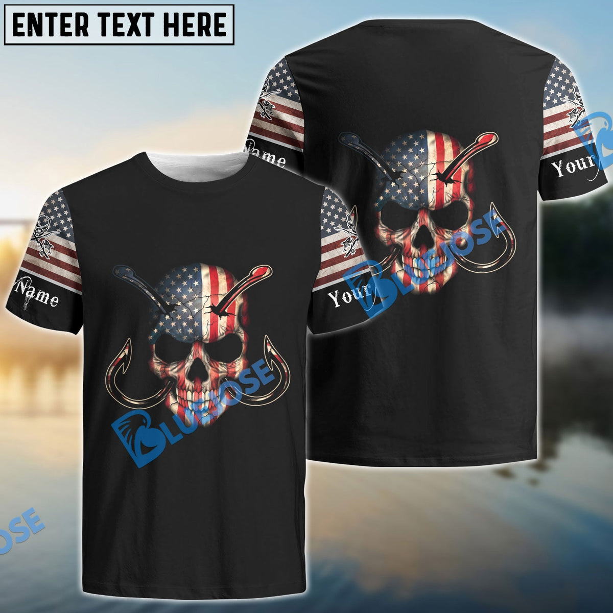 BlueJose Fishing Skull American Flag Personalized Name 3D Shirts