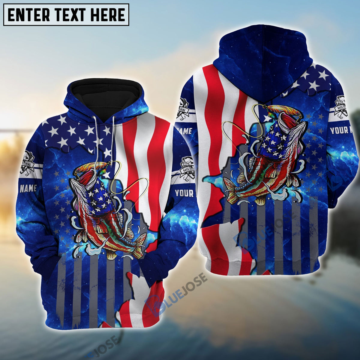 BlueJose Bass Fishing American Flag Patriotic Custom Name 3D Hoodie