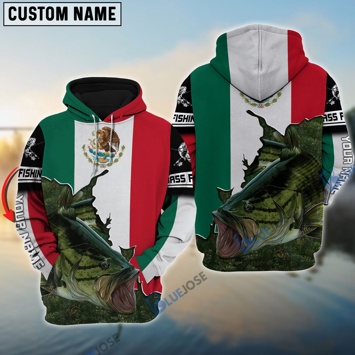 BlueJose Bass Fishing Mexico Flag Personalized Name 3D Shirts