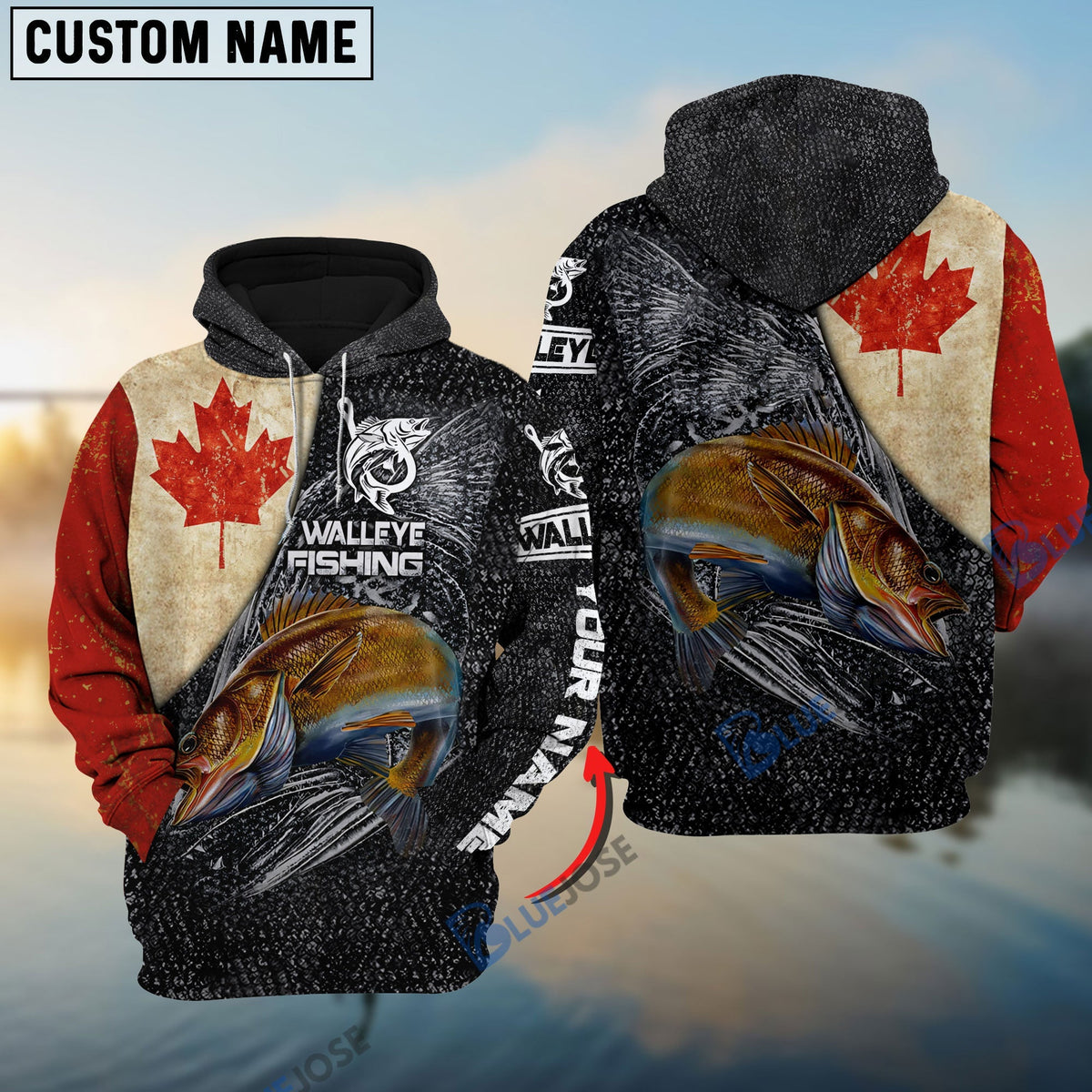 BlueJose Vintage Canadian Flag Walleye Fishing Custom Long Sleeve Performance Fishing Shirts