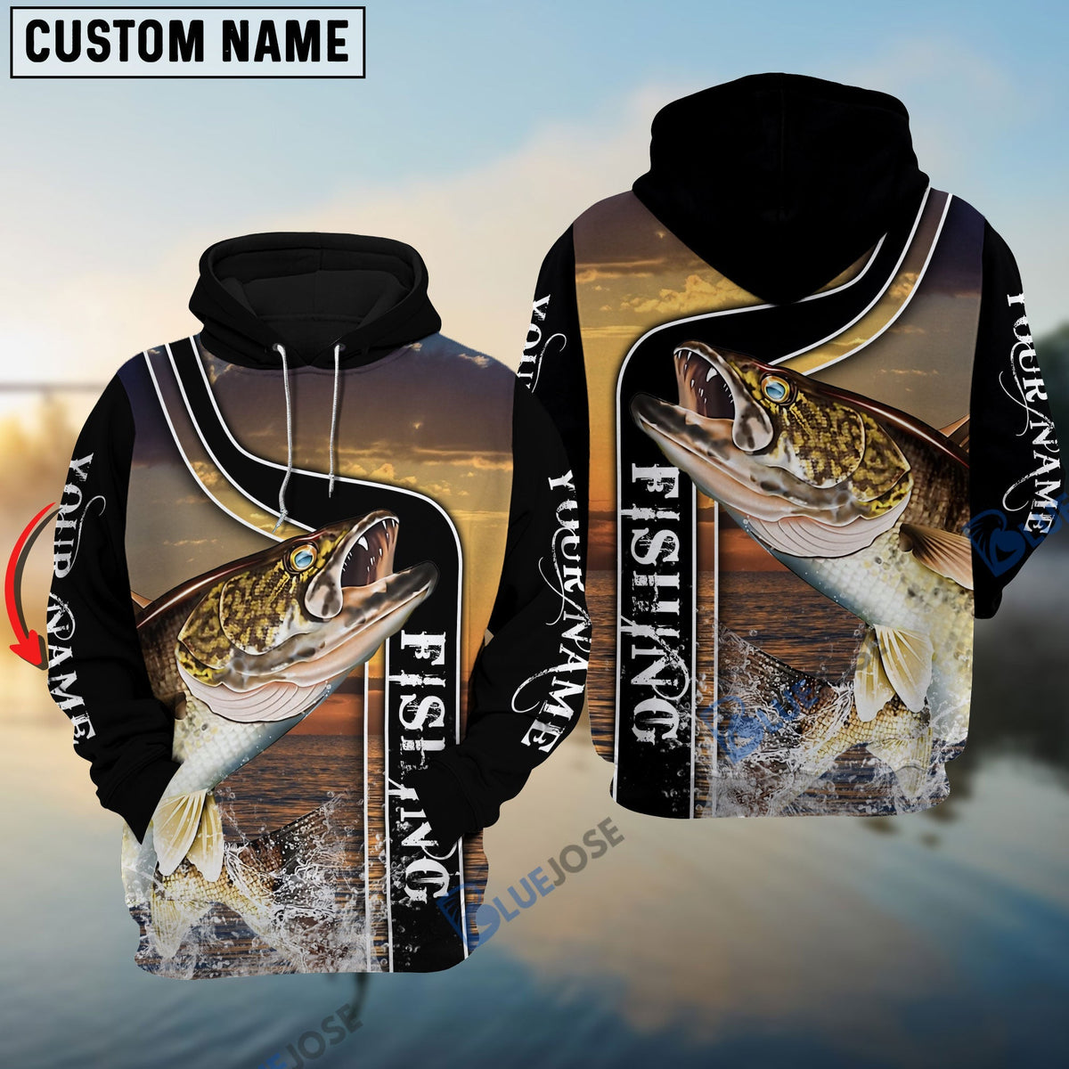 BlueJose Walleye Fishing Sunset Custom Name 3D Shirt