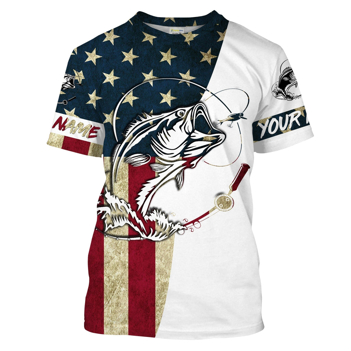 BlueJose Personalized Bass Fishing American Flag Long Sleeve Fishing Shirts, Patriotic Fishing Gifts