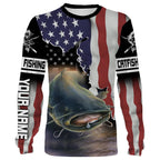 BlueJose Flathead Catfish Fishing American Flag Custom Long Sleeve Fishing Shirts, Patriotic Tournament Fishing Shirts
