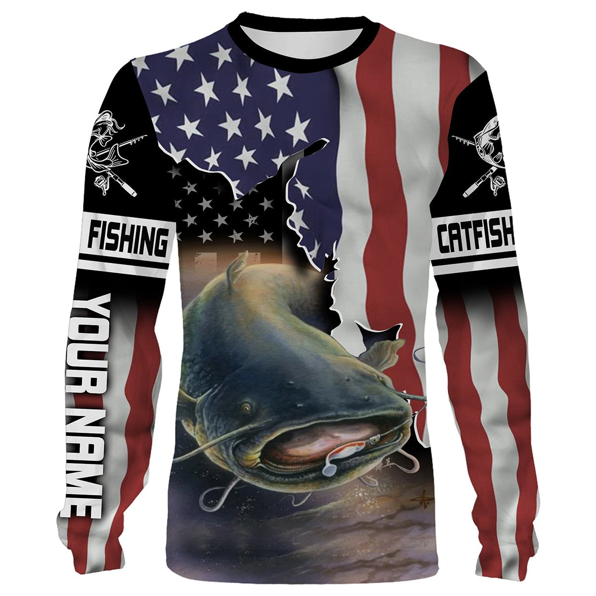 BlueJose Flathead Catfish Fishing American Flag Custom Long Sleeve Fishing Shirts, Patriotic Tournament Fishing Shirts