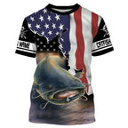 BlueJose Flathead Catfish Fishing American Flag Custom Long Sleeve Fishing Shirts, Patriotic Tournament Fishing Shirts