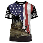 BlueJose Sturgeon Fishing American Flag Custom Long Sleeve Fishing Shirts, Patriotic Tournament Fishing Shirts