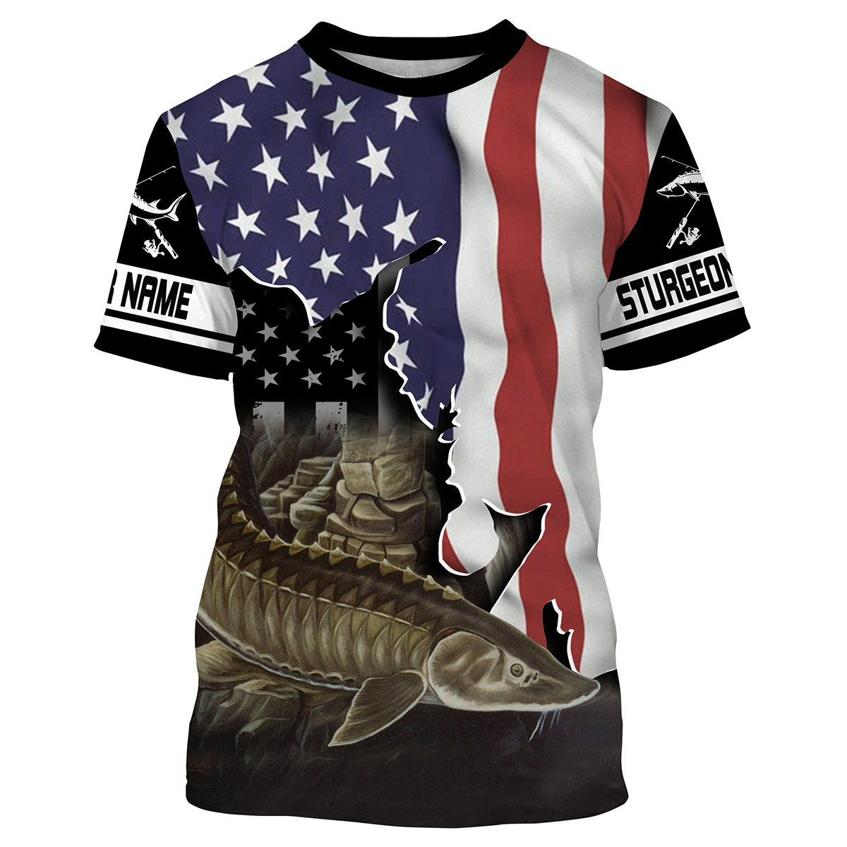 BlueJose Sturgeon Fishing American Flag Custom Long Sleeve Fishing Shirts, Patriotic Tournament Fishing Shirts