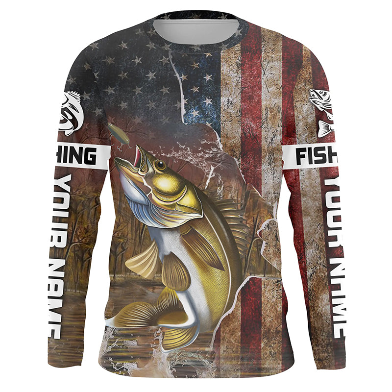BlueJose Personalized American Flag Walleye Fishing Shirts, Patriotic Walleye