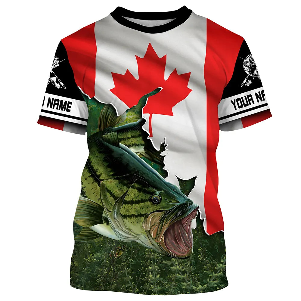 BlueJose Largemouth Bass Fishing 3D Canada Flag Patriot Custom Name All Over Print Shirts - Personalized Fishing Gift For Men And Women