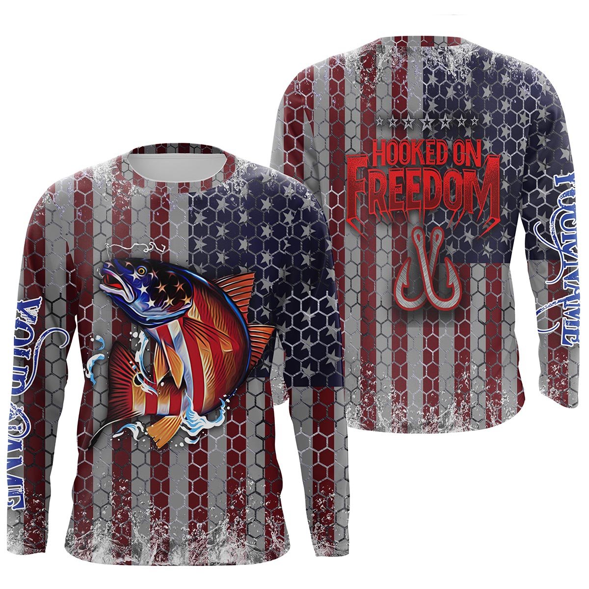 BlueJose Redfish Puppy Drum Fishing American Flag Hooked On Freedom Customize Name Shirts