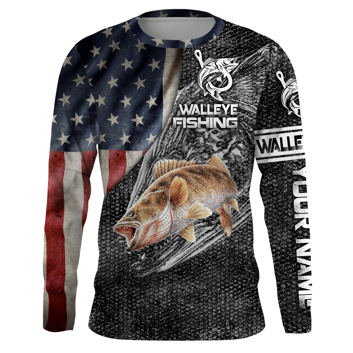 BlueJose Walleye Fishing American Flag Patriotic Custom Name 3D All Over Printed Shirts   Quick Dry  Personalized Fishing Gift Idea
