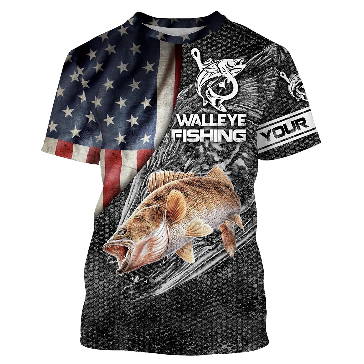 BlueJose Walleye Fishing American Flag Patriotic Custom Name 3D All Over Printed Shirts   Quick Dry  Personalized Fishing Gift Idea
