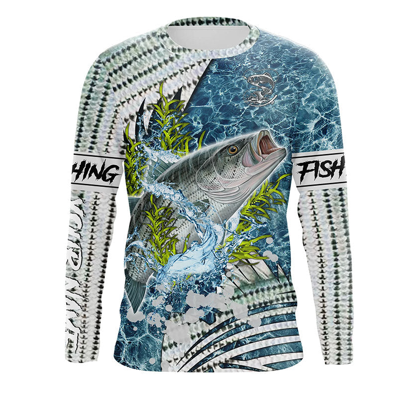 BlueJose Striped Bass Fishing Custom Scales Water Camo Fishing Shirt | Long Sleeve, Long Sleeve Hooded