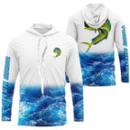 BlueJose Mahi Mahi Fishing Jerseys, Personalized Dorado Blue Sea Wave Camo Long Sleeve, Long Sleeve