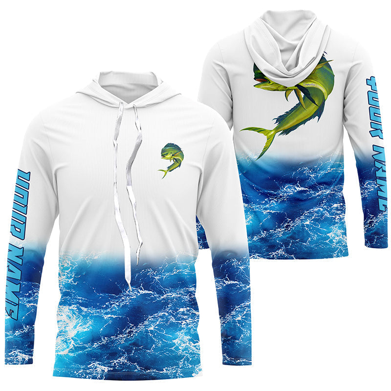 BlueJose Mahi Mahi Fishing Jerseys, Personalized Dorado Blue Sea Wave Camo Long Sleeve, Long Sleeve