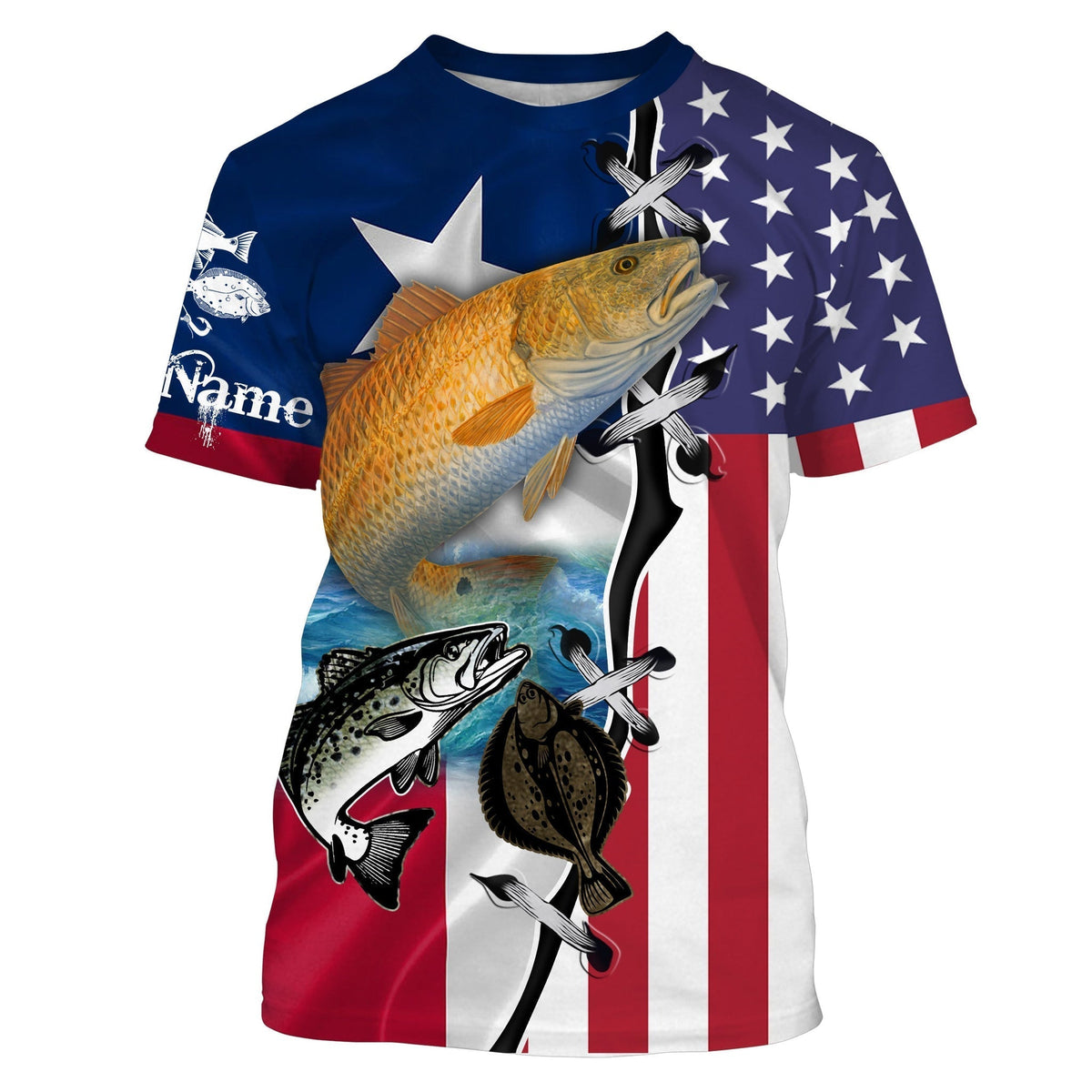 BlueJose Inshore Grand Slam Redfish, Speckled Trout, Flounder Texas American Flag Custom Name Fishing Shirts