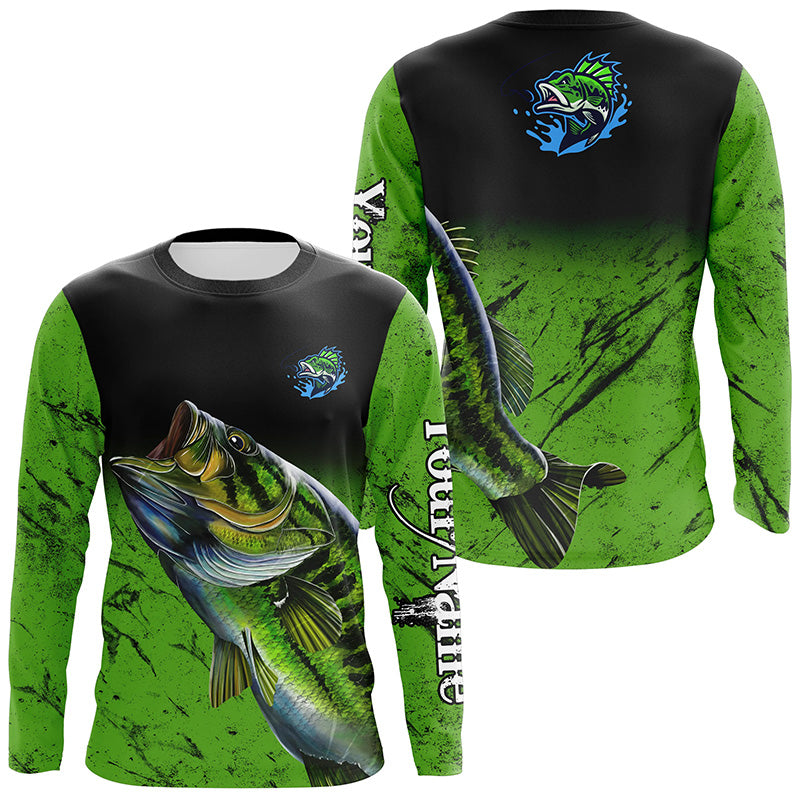 BlueJose Custom Green Largemouth Bass Fishing Jerseys, Personalized Bass Fishing Tournament Long Sleeve Shirt